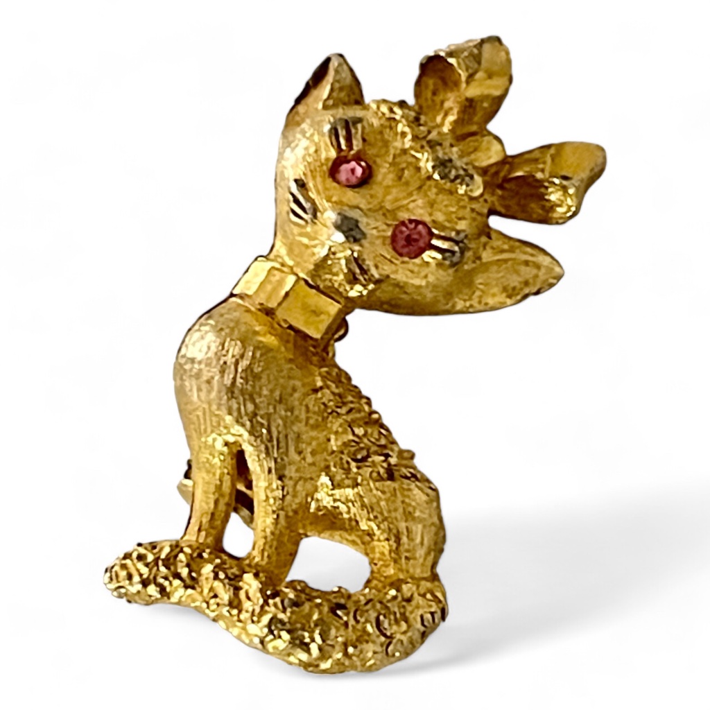 Vintage Pin Brooch Signed Kitty Cat Mcm Signed Mamselle Gold Tone Pink Eyes 12$